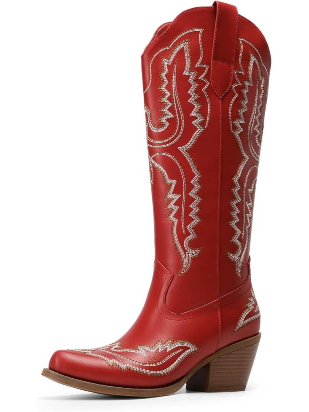 Women Red Faux Leather Knee High Cowgirl Side Zipper Comfort Tall Boot
